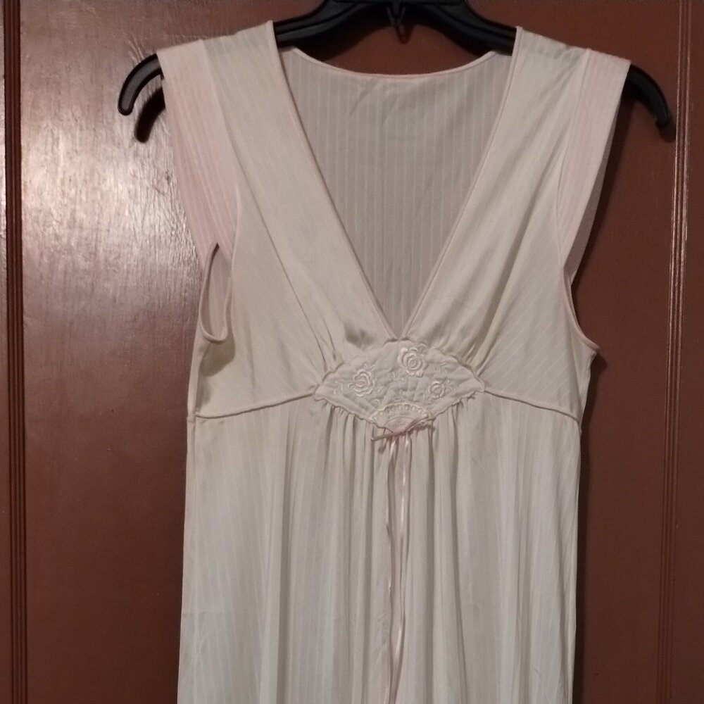 Vintage Lorraine Nylon Nightgown Small USA STRIPED PINK BEIGE-Loose bottom hem